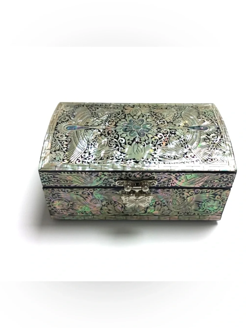 Mother of Pearl Jewelry Box: Crane Pattern Wood Storage